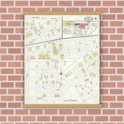 Old map wall art mockup — magnetic wood frame on brick wall — Sanborn Fire Insurance Map from Turtle Creek Valley, Allegheny County, Pennsylvania (1911), Sheet #0006