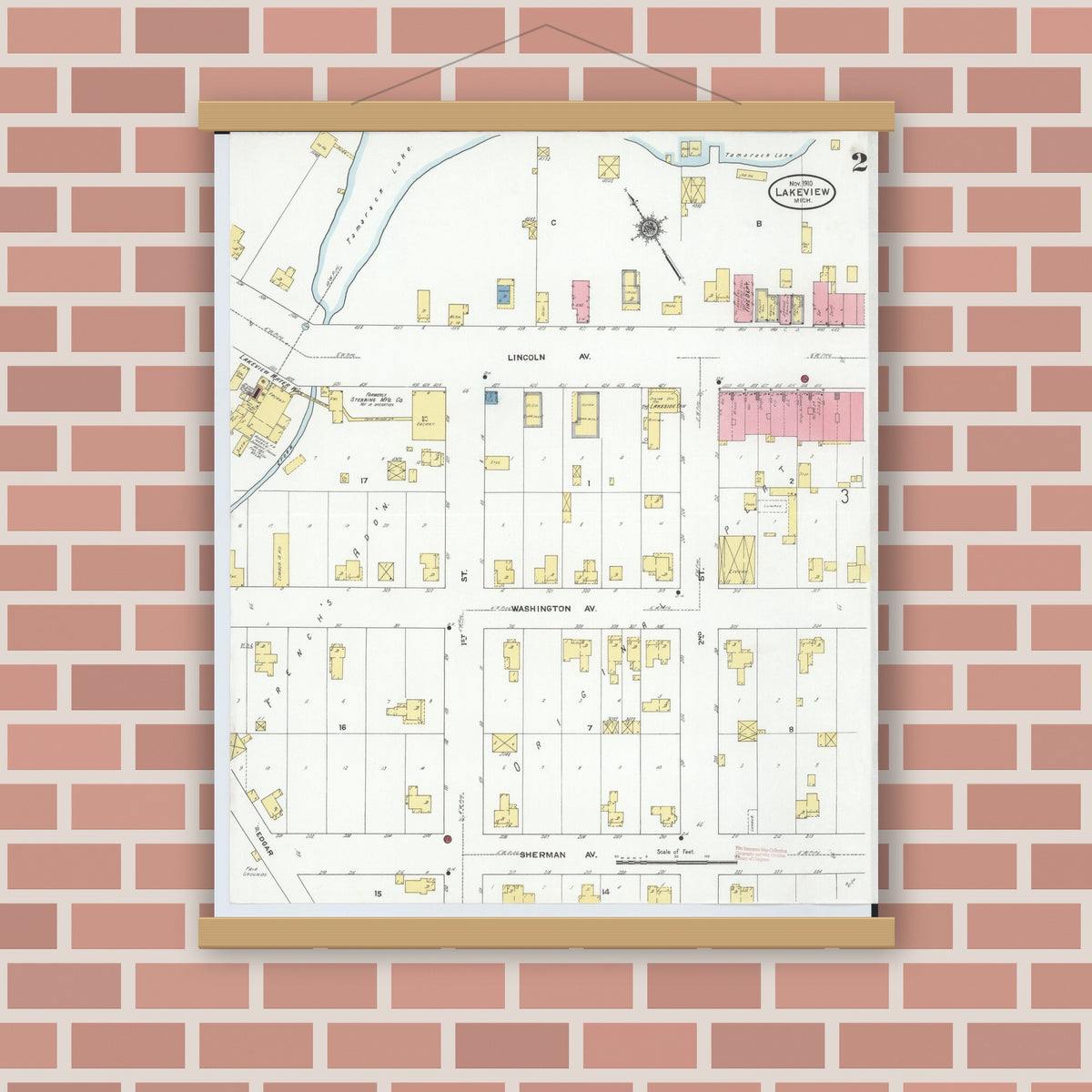Old map wall art mockup — magnetic wood frame on brick wall — Sanborn Fire Insurance Map from Lakeview, Montcalm County, Michigan (1910), Sheet #0002