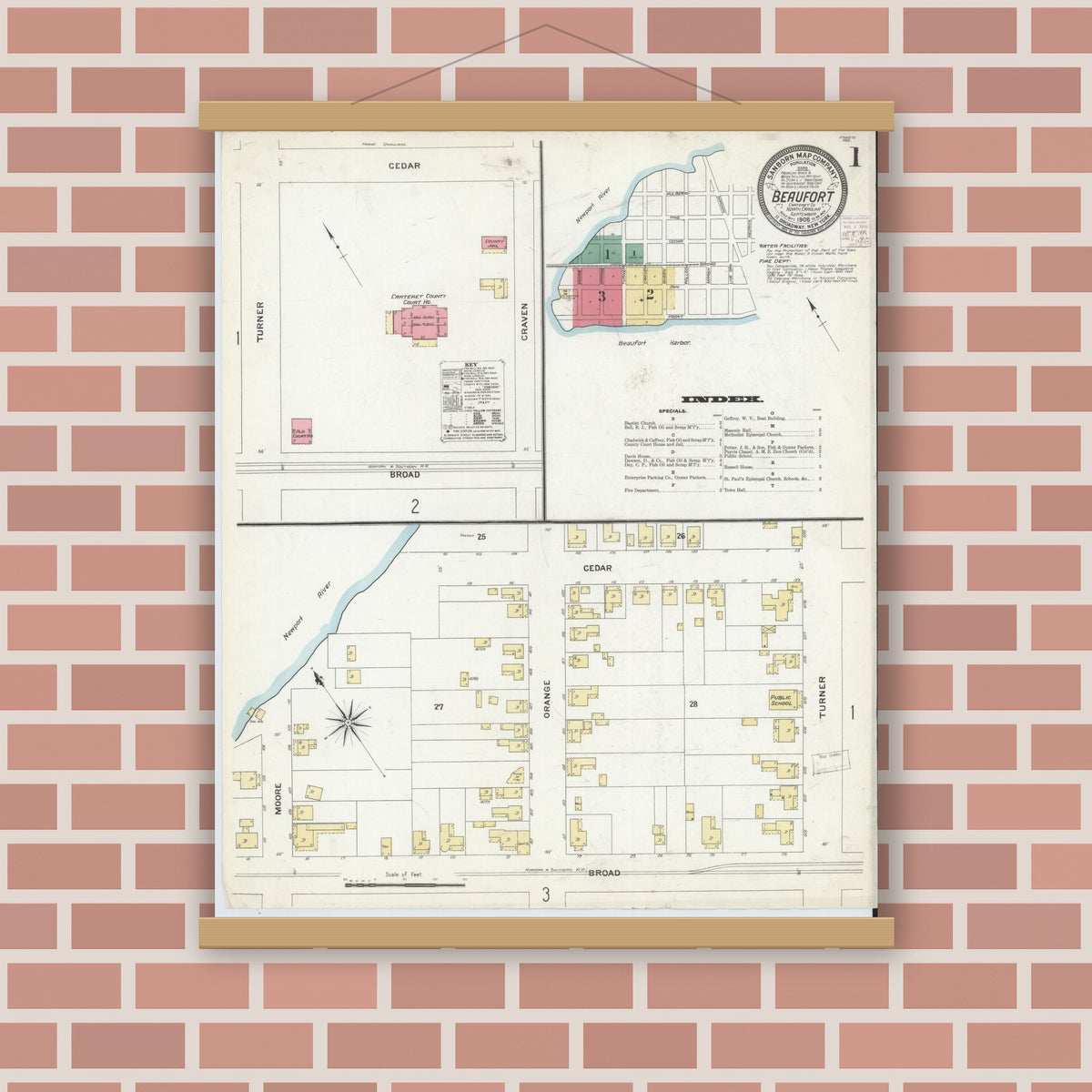 Old map wall art mockup — magnetic wood frame on brick wall — Sanborn Fire Insurance Map from Beaufort, Carteret County, North Carolina (1908), Sheet #0001