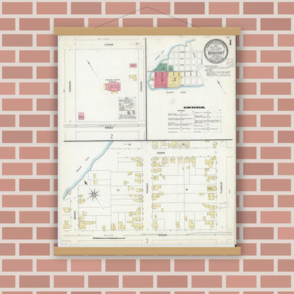 Old map wall art mockup — magnetic wood frame on brick wall — Sanborn Fire Insurance Map from Beaufort, Carteret County, North Carolina (1908), Sheet #0001
