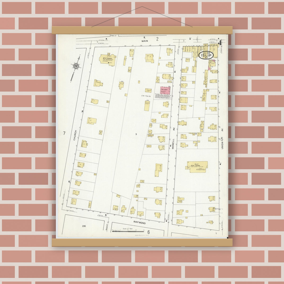 Old map wall art mockup — magnetic wood frame on brick wall — Sanborn Fire Insurance Map from Islip, Suffolk County, New York (1916), Sheet #0004
