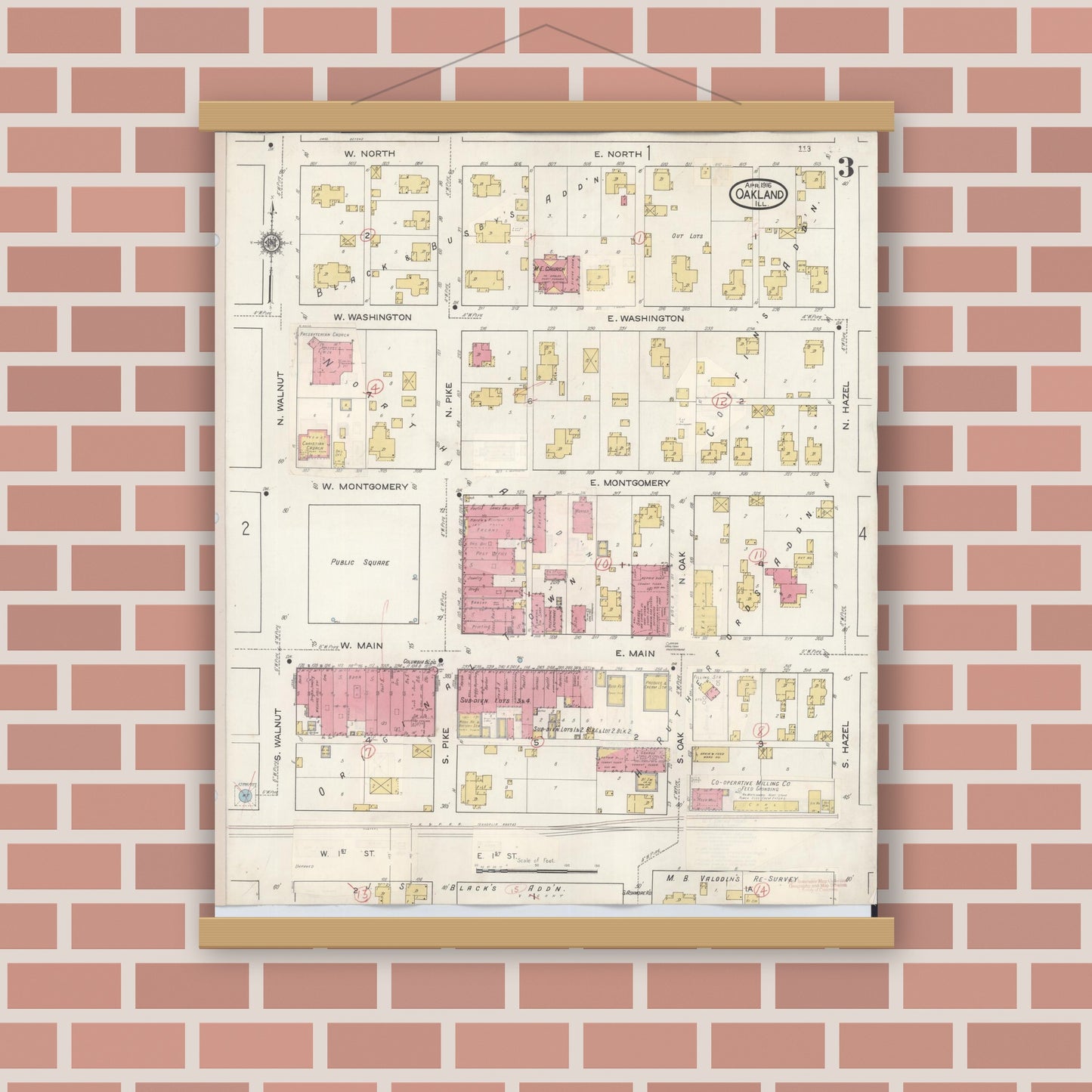 Old map wall art mockup — magnetic wood frame on brick wall — Sanborn Fire Insurance Map from Oakland, Coles County, Illinois (1932), Sheet #0003