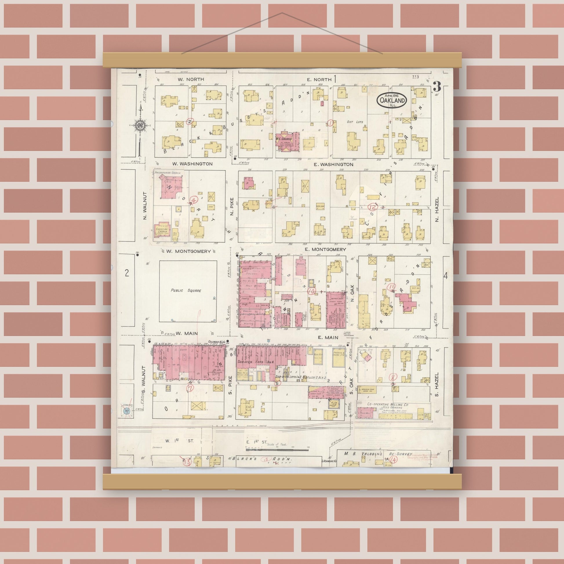 Old map wall art mockup — magnetic wood frame on brick wall — Sanborn Fire Insurance Map from Oakland, Coles County, Illinois (1932), Sheet #0003