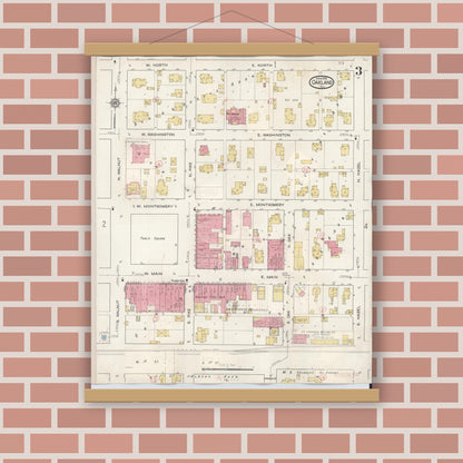 Old map wall art mockup — magnetic wood frame on brick wall — Sanborn Fire Insurance Map from Oakland, Coles County, Illinois (1932), Sheet #0003