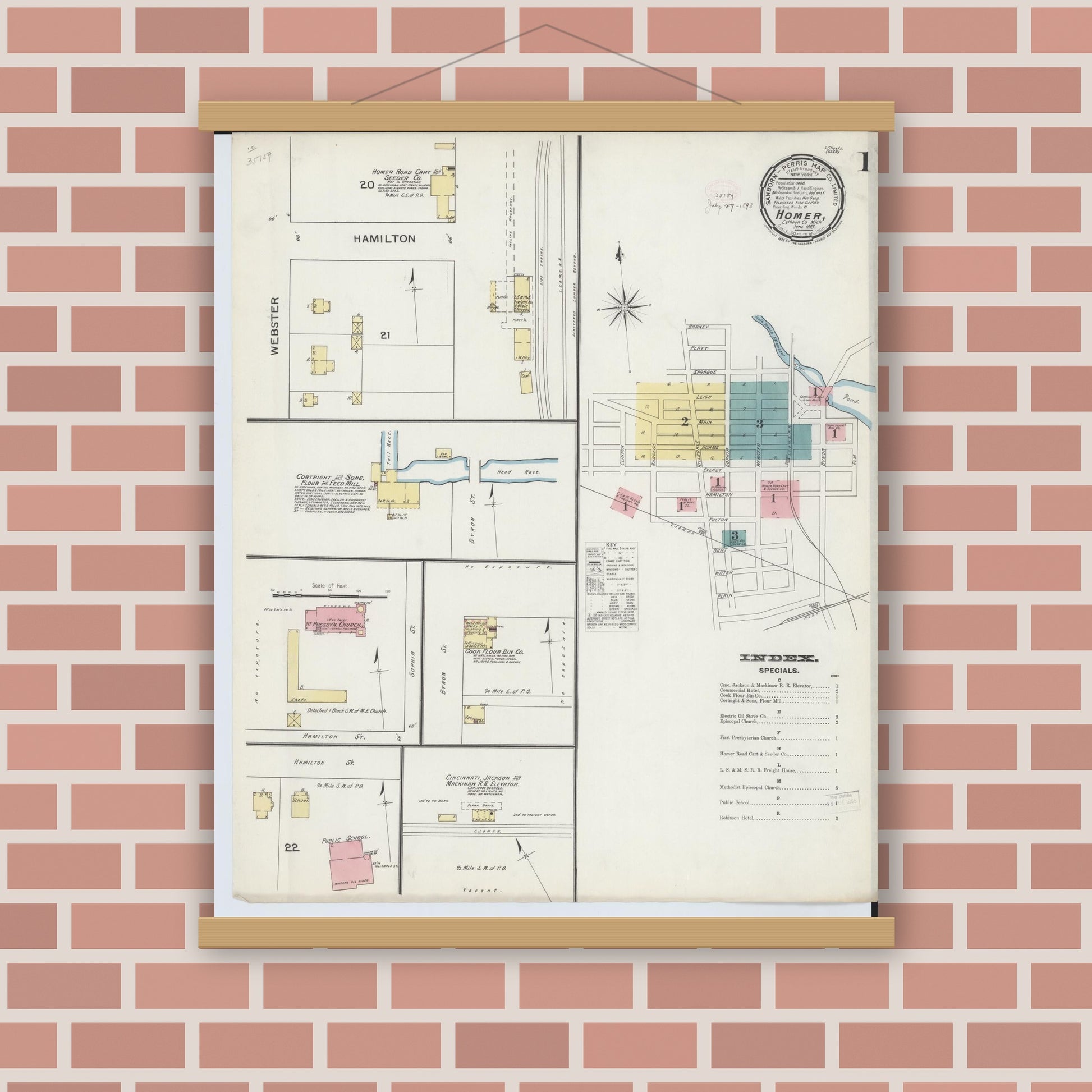 Old map wall art mockup — magnetic wood frame on brick wall — Sanborn Fire Insurance Map from Homer, Calhoun County, Michigan (1893) - Complete Map Set