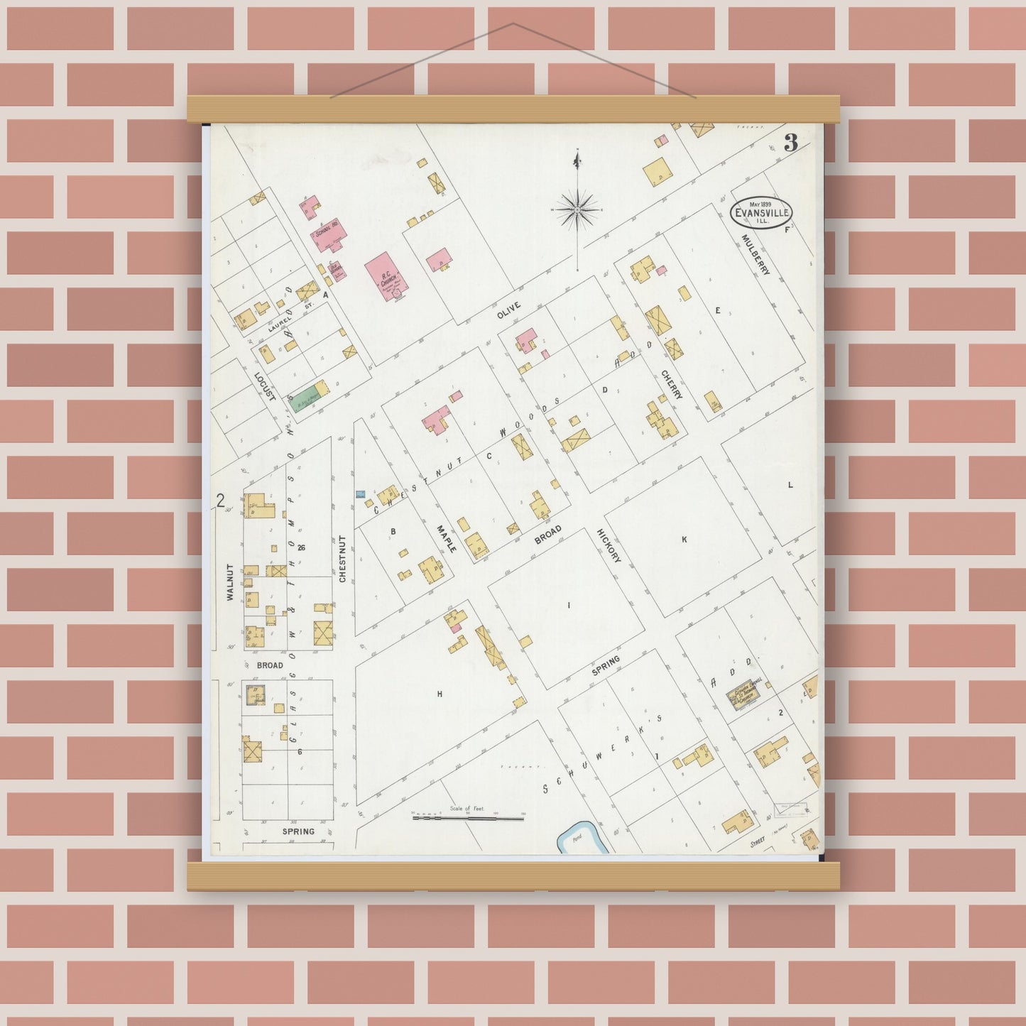 Old map wall art mockup — magnetic wood frame on brick wall — Sanborn Fire Insurance Map from Evansville, Randolph County, Illinois (1899), Sheet #0003