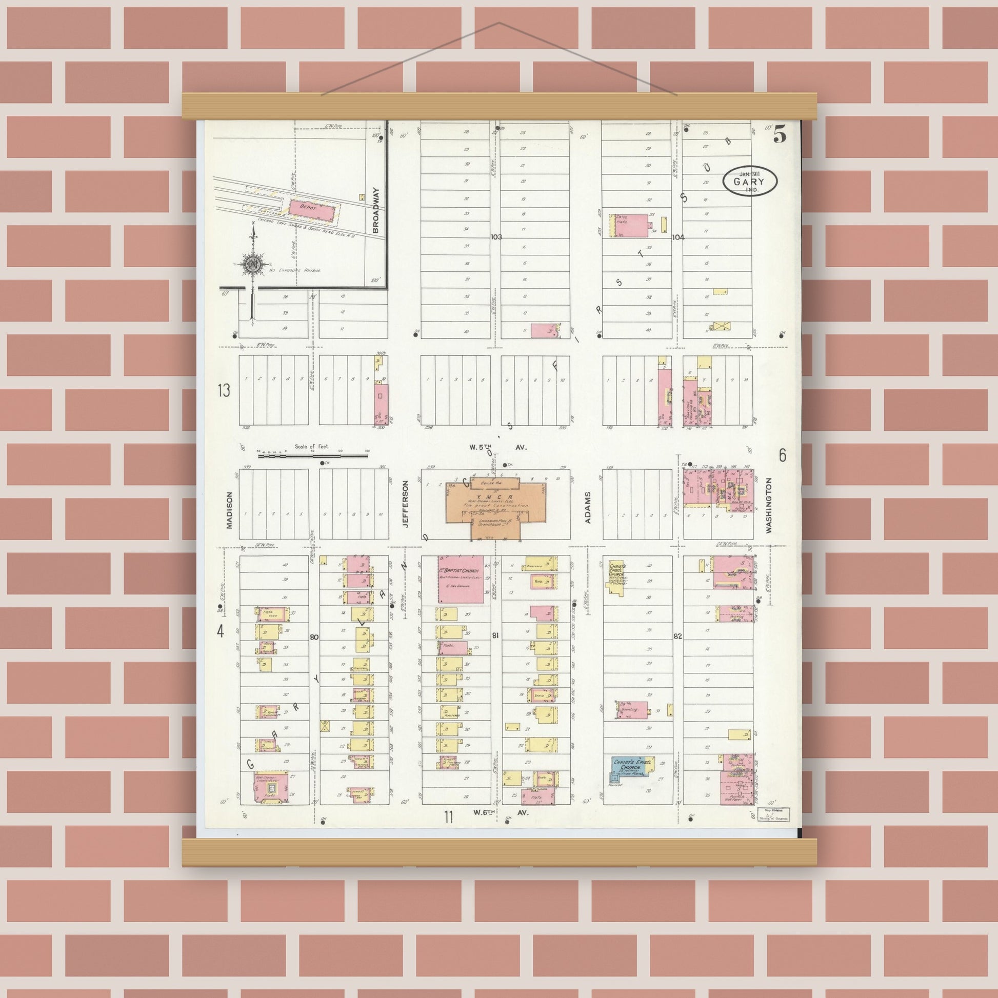 Old map wall art mockup — magnetic wood frame on brick wall — Sanborn Fire Insurance Map from Gary, Lake County, Indiana (1911), Sheet #0005