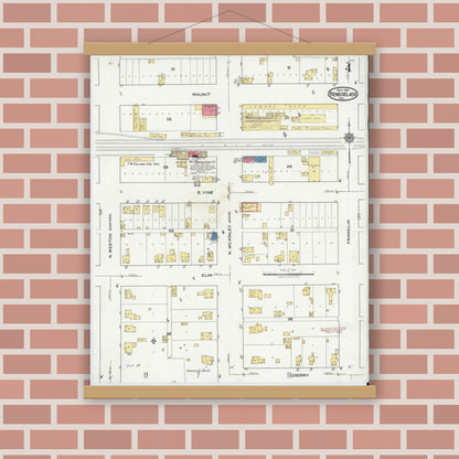 Old map wall art mockup — magnetic wood frame on brick wall — Sanborn Fire Insurance Map from Rensselaer, Jasper County, Indiana (1921), Sheet #0004