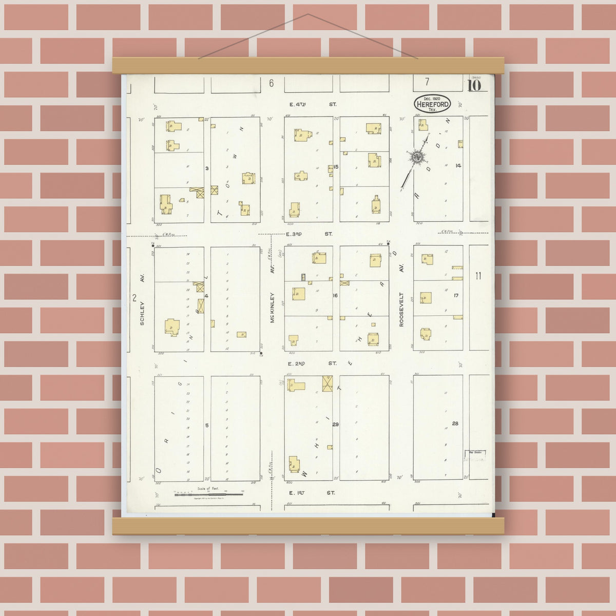Old map wall art mockup — magnetic wood frame on brick wall — Sanborn Fire Insurance Map from Hereford, Deaf Smith County, Texas (1920), Sheet #0010