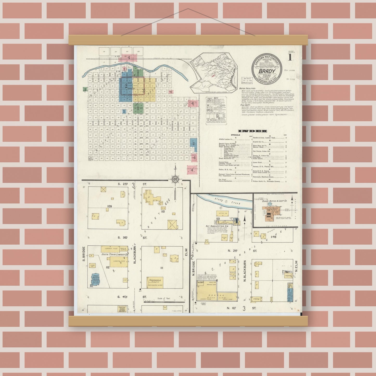 Old map wall art mockup — magnetic wood frame on brick wall — Sanborn Fire Insurance Map from Brady, McCulloch County, Texas (1916), Sheet #0001