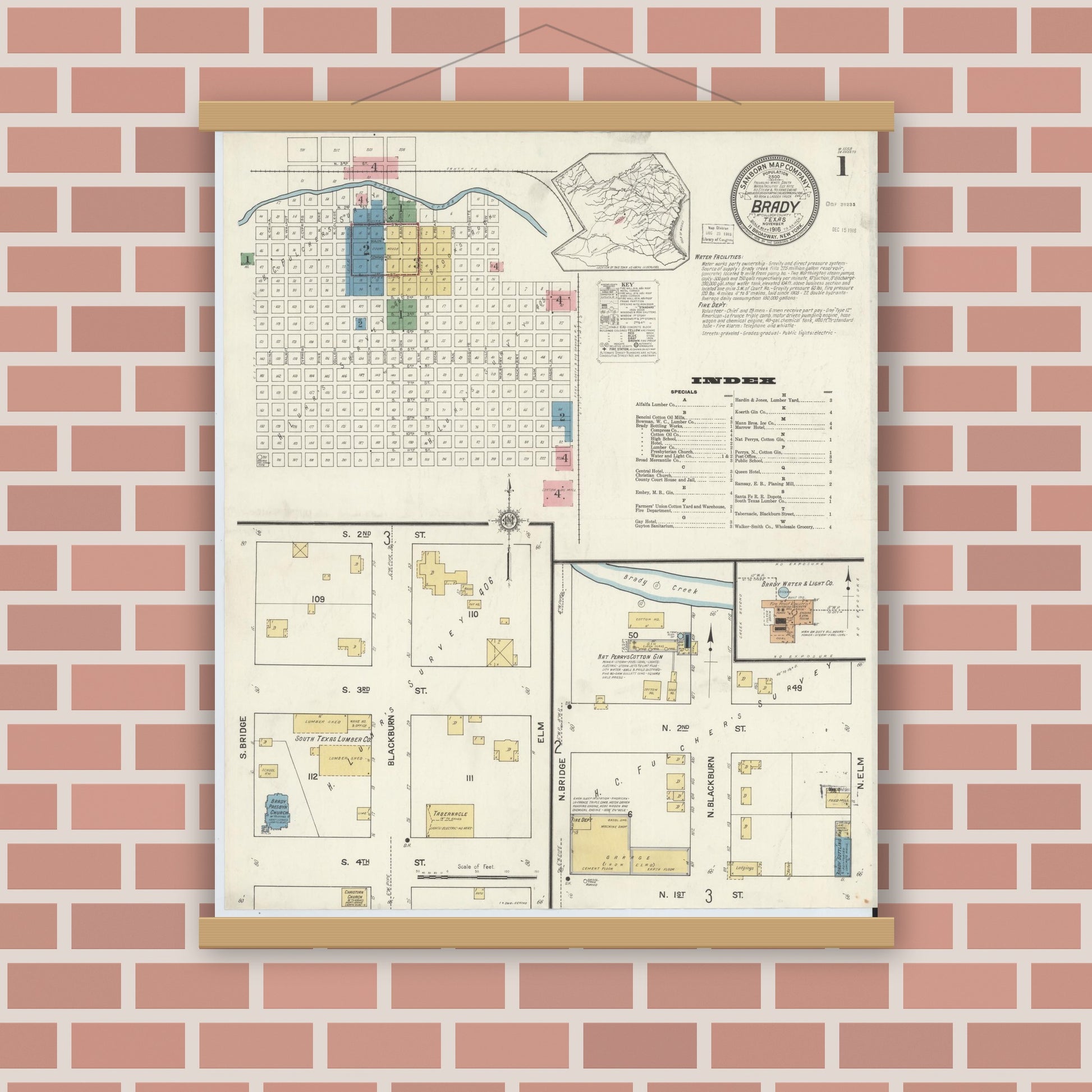 Old map wall art mockup — magnetic wood frame on brick wall — Sanborn Fire Insurance Map from Brady, McCulloch County, Texas (1916), Sheet #0001
