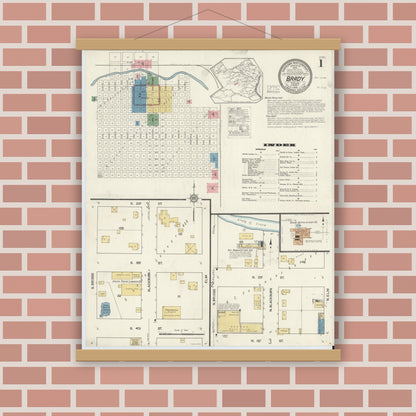 Old map wall art mockup — magnetic wood frame on brick wall — Sanborn Fire Insurance Map from Brady, McCulloch County, Texas (1916), Sheet #0001