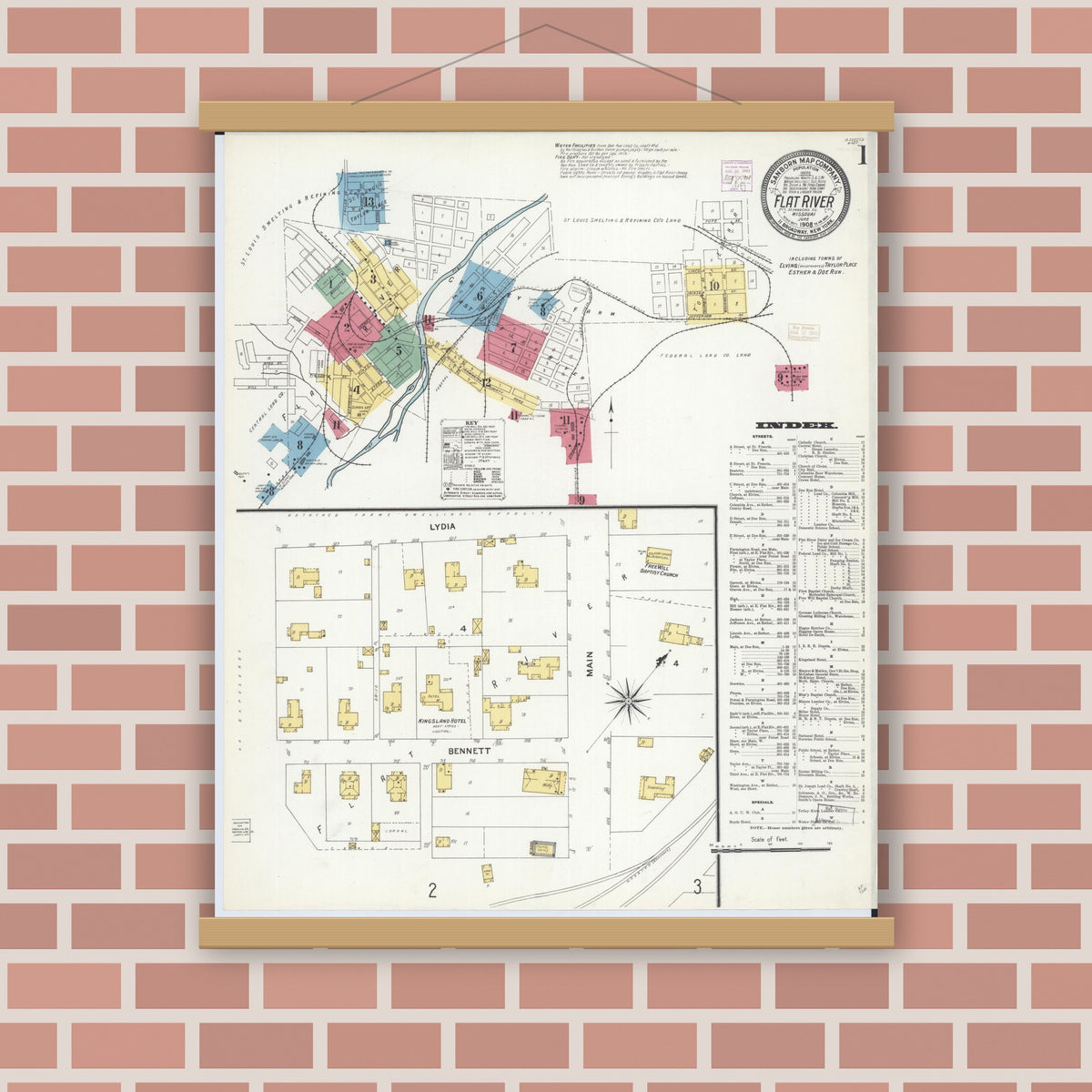 Old map wall art mockup — magnetic wood frame on brick wall — Sanborn Fire Insurance Map from Flat River, Saint Francois County, Missouri (1908) - Complete Map Set