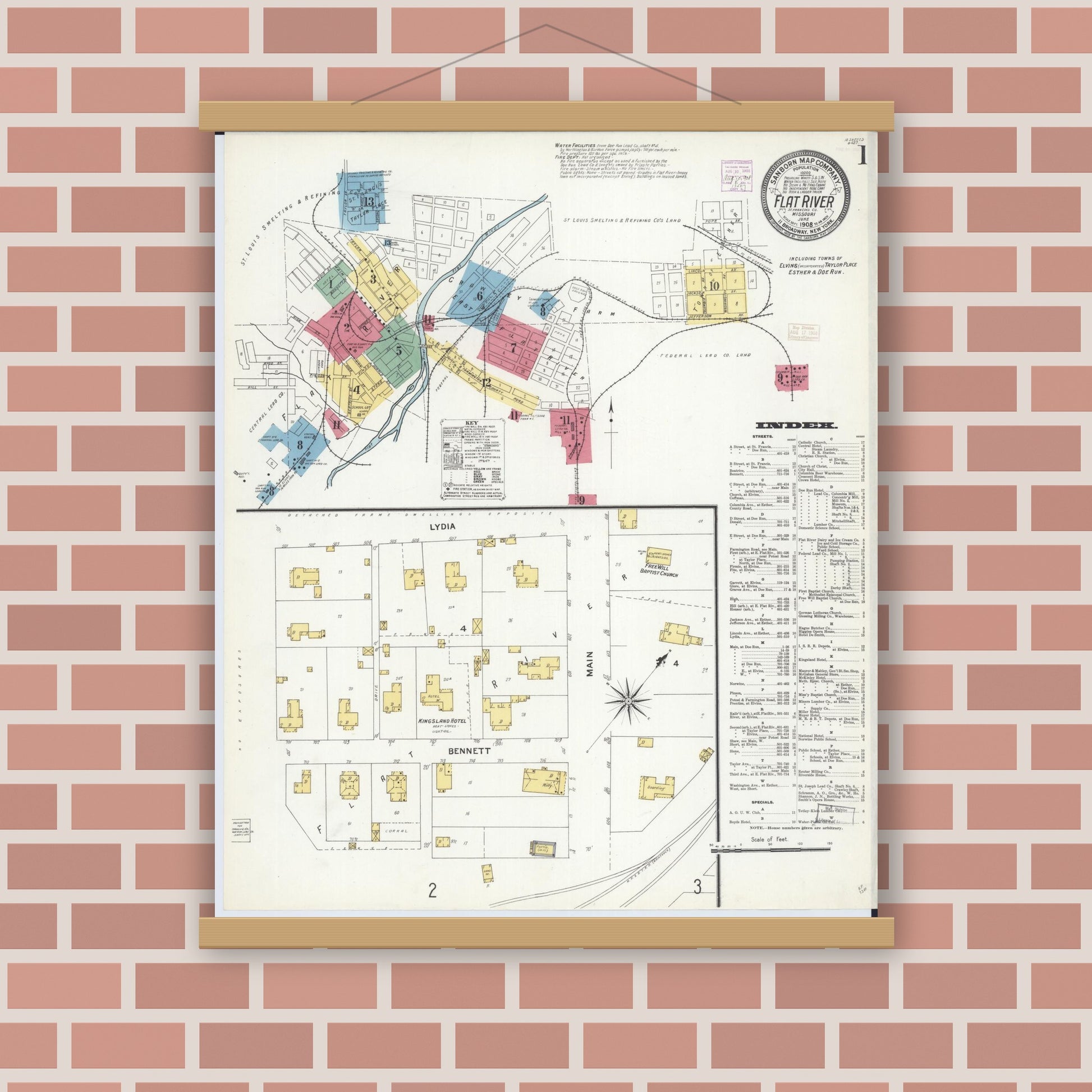 Old map wall art mockup — magnetic wood frame on brick wall — Sanborn Fire Insurance Map from Flat River, Saint Francois County, Missouri (1908) - Complete Map Set