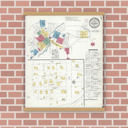 Old map wall art mockup — magnetic wood frame on brick wall — Sanborn Fire Insurance Map from Flat River, Saint Francois County, Missouri (1908) - Complete Map Set