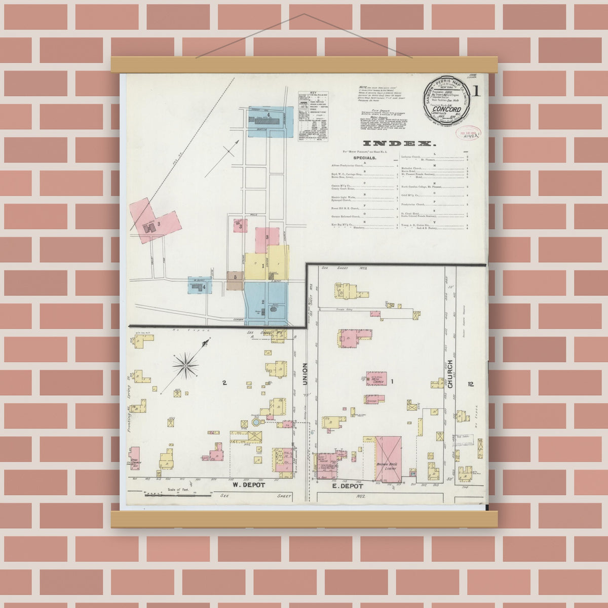 Old map wall art mockup — magnetic wood frame on brick wall — Sanborn Fire Insurance Map from Concord, Cabarrus County, North Carolina (1892) - Complete Map Set