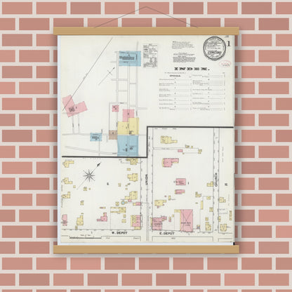 Old map wall art mockup — magnetic wood frame on brick wall — Sanborn Fire Insurance Map from Concord, Cabarrus County, North Carolina (1892) - Complete Map Set