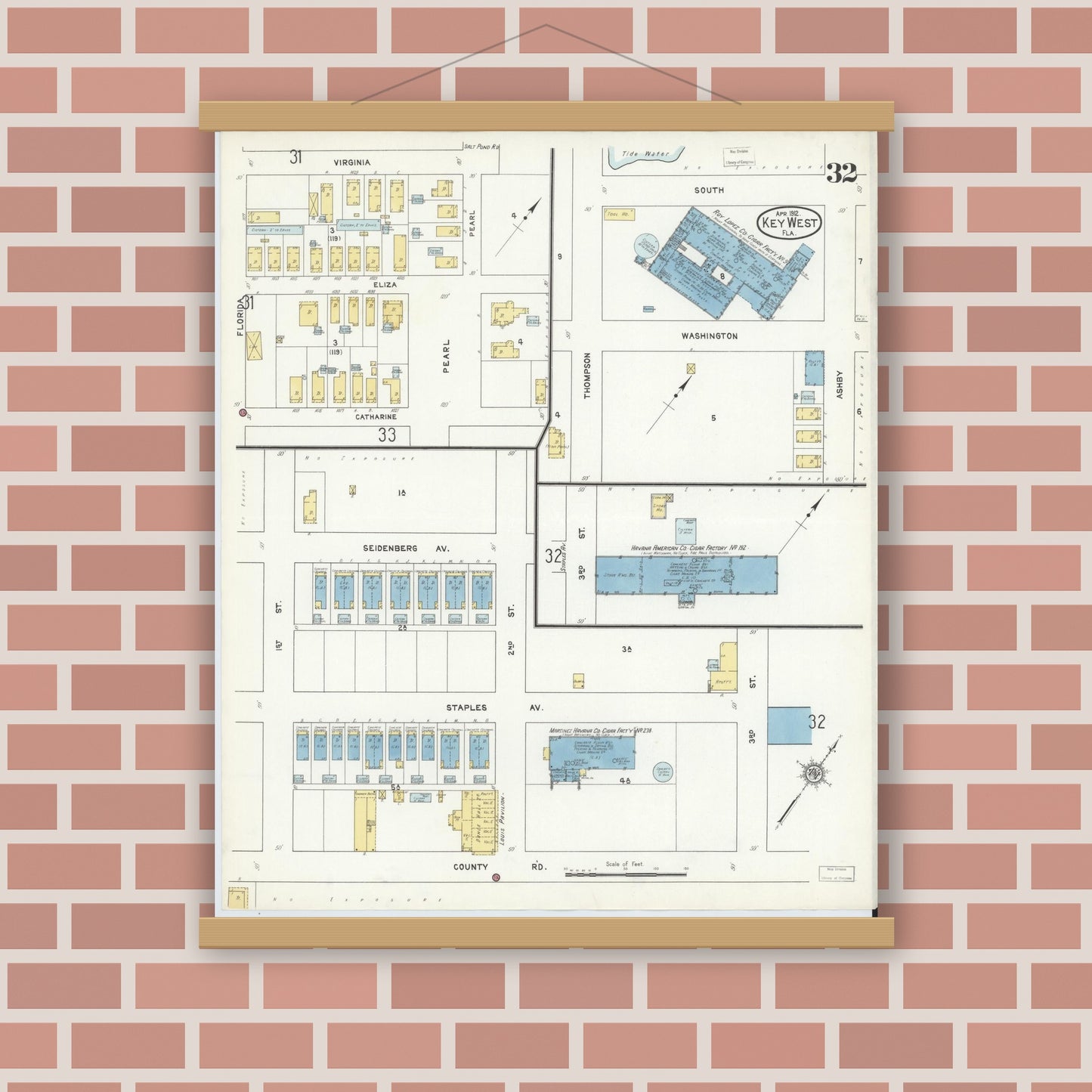 Old map wall art mockup — magnetic wood frame on brick wall — Sanborn Fire Insurance Map from Key West, Monroe County, Florida (1912), Sheet #0032