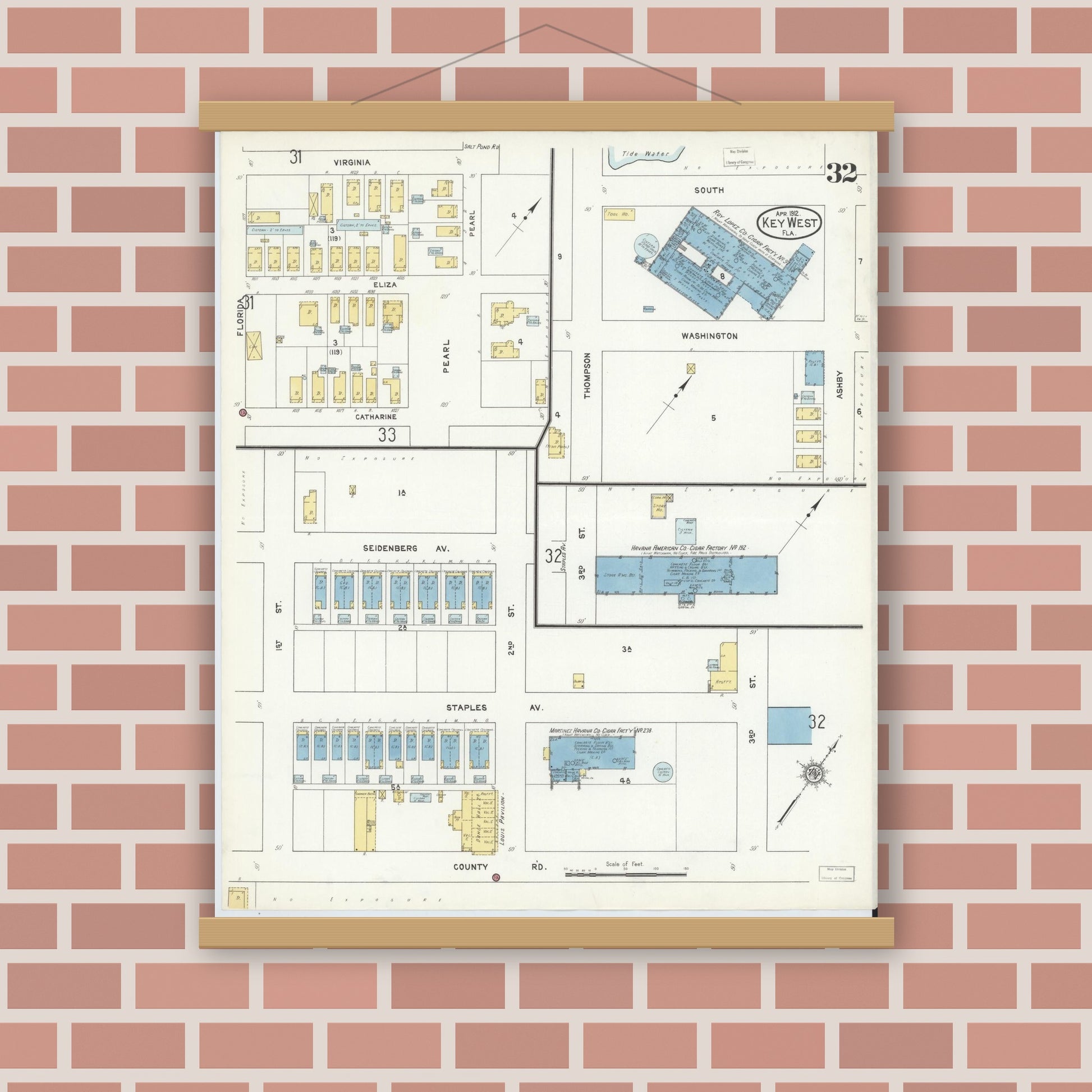 Old map wall art mockup — magnetic wood frame on brick wall — Sanborn Fire Insurance Map from Key West, Monroe County, Florida (1912), Sheet #0032