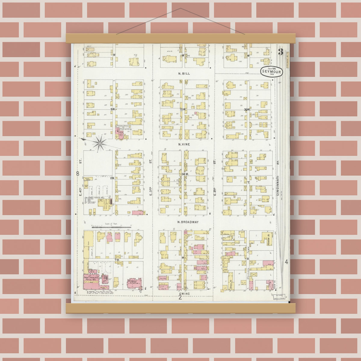 Old map wall art mockup — magnetic wood frame on brick wall — Sanborn Fire Insurance Map from Seymour, Jackson County, Indiana (1896), Sheet #0003
