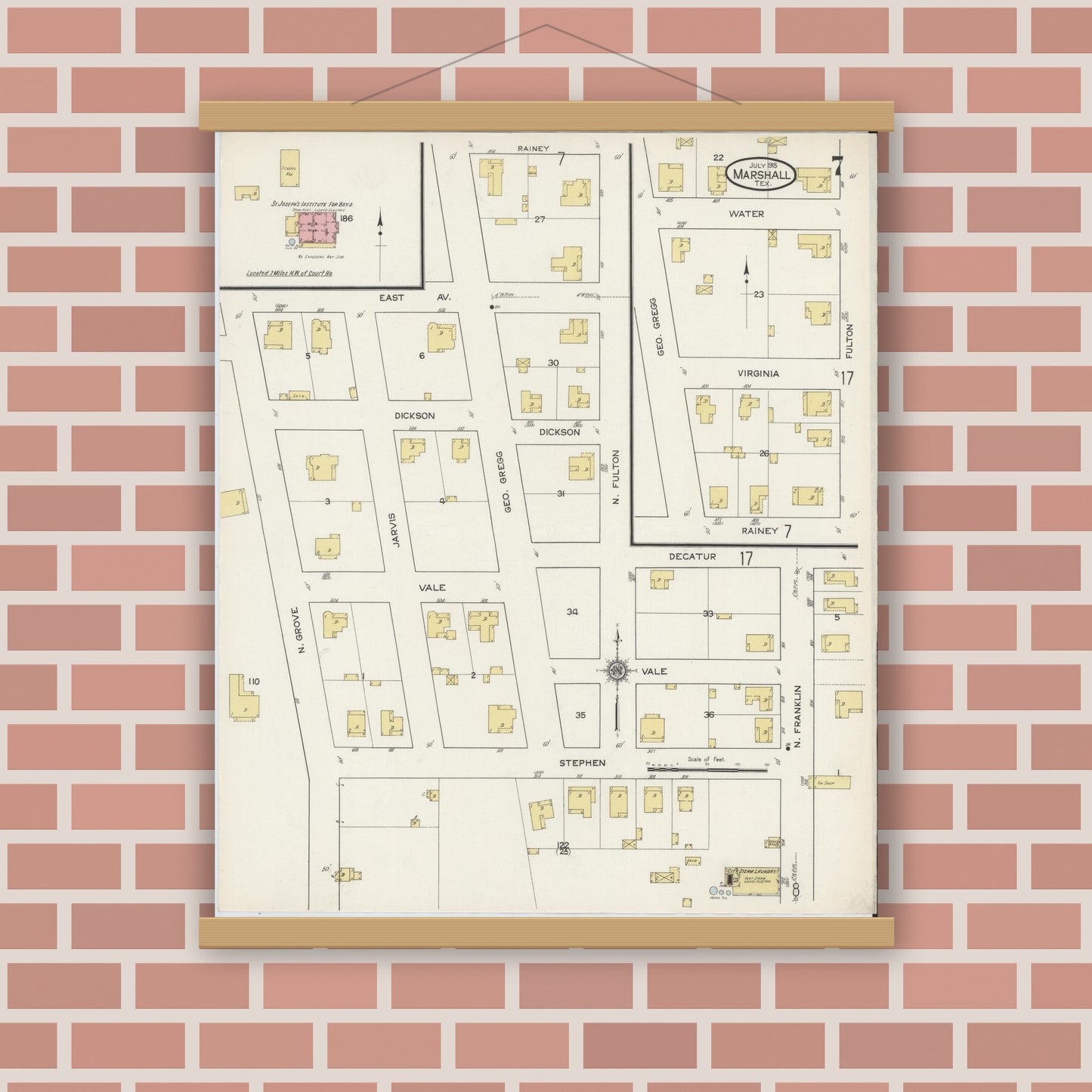 Old map wall art mockup — magnetic wood frame on brick wall — Sanborn Fire Insurance Map from Marshall, Harrison County, Texas (1915), Sheet #0007