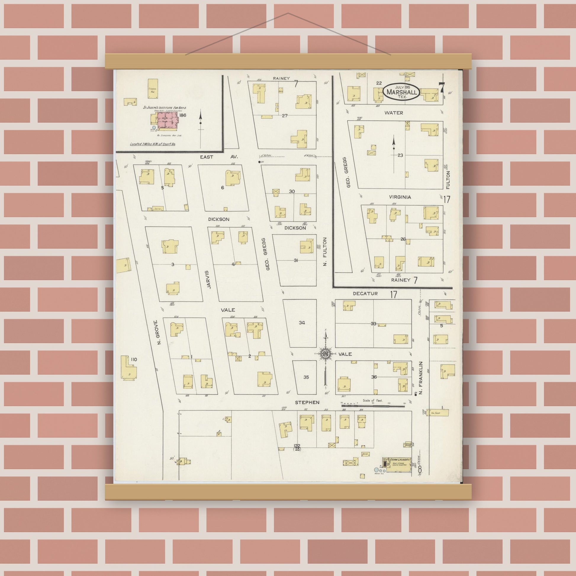Old map wall art mockup — magnetic wood frame on brick wall — Sanborn Fire Insurance Map from Marshall, Harrison County, Texas (1915), Sheet #0007