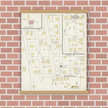 Old map wall art mockup — magnetic wood frame on brick wall — Sanborn Fire Insurance Map from Marshall, Harrison County, Texas (1915), Sheet #0007