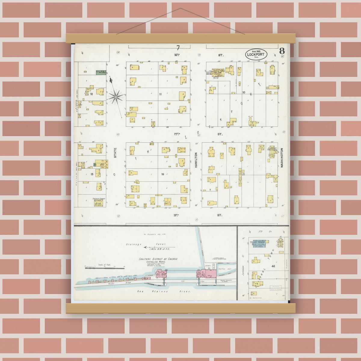 Old map wall art mockup — magnetic wood frame on brick wall — Sanborn Fire Insurance Map from Lockport, Will County, Illinois (1902), Sheet #0008