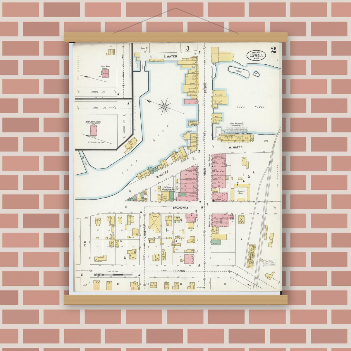 Old map wall art mockup — magnetic wood frame on brick wall — Sanborn Fire Insurance Map from Lowell, Kent County, Michigan (1900), Sheet #0002