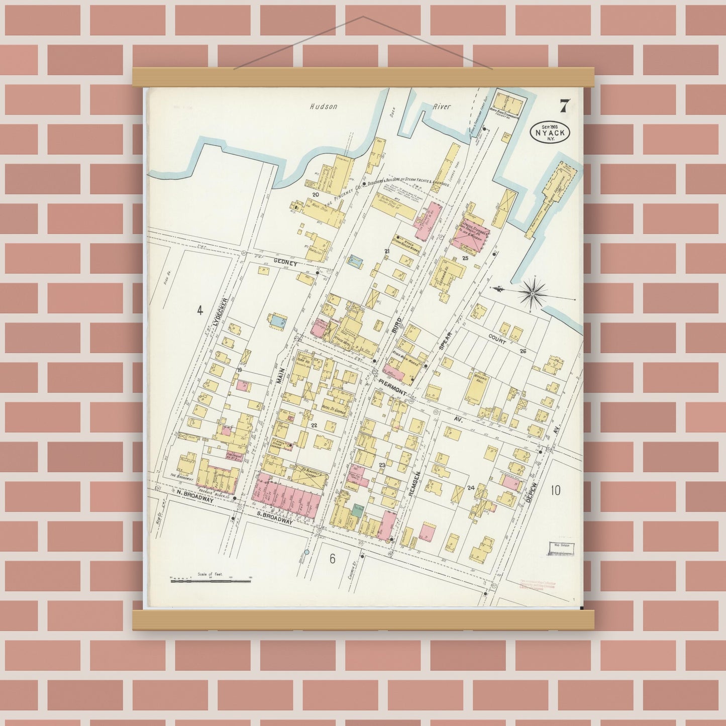 Old map wall art mockup — magnetic wood frame on brick wall — Sanborn Fire Insurance Map from Nyack, Rockland County, New York. (1903), Sheet #0007