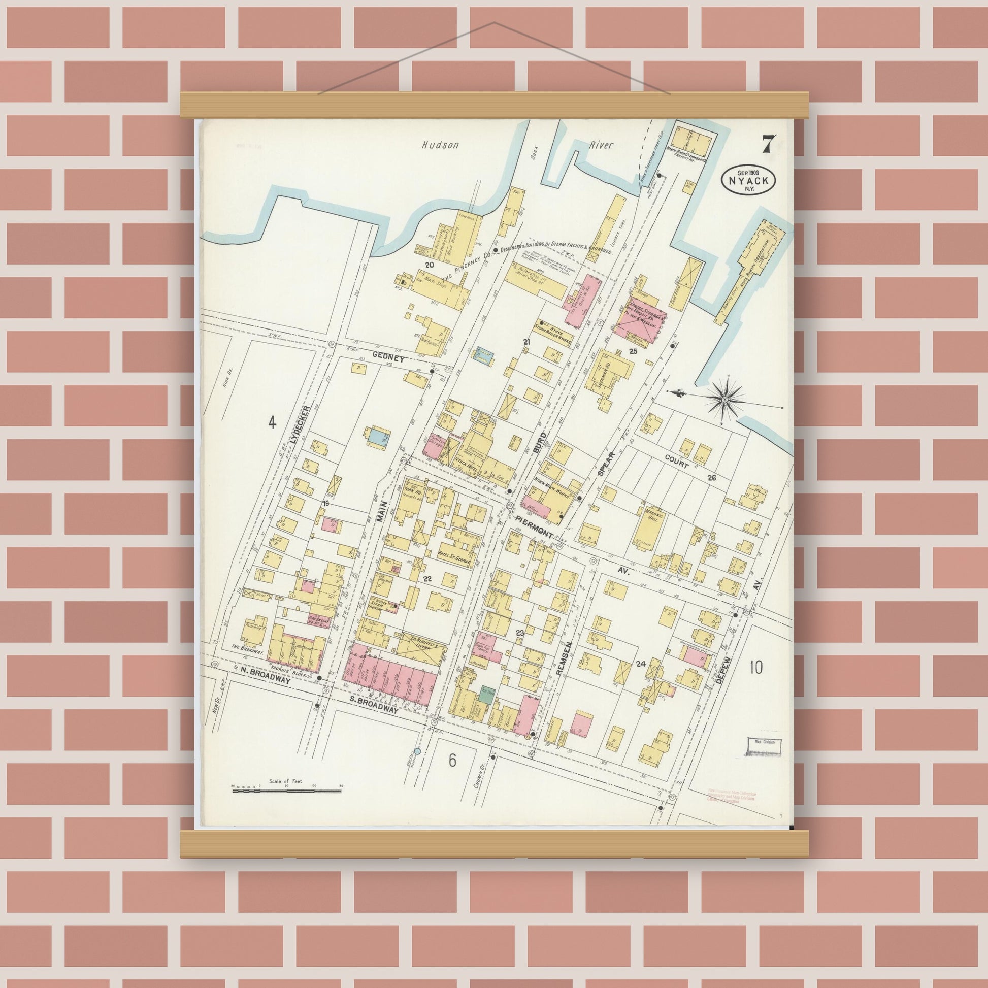 Old map wall art mockup — magnetic wood frame on brick wall — Sanborn Fire Insurance Map from Nyack, Rockland County, New York. (1903), Sheet #0007
