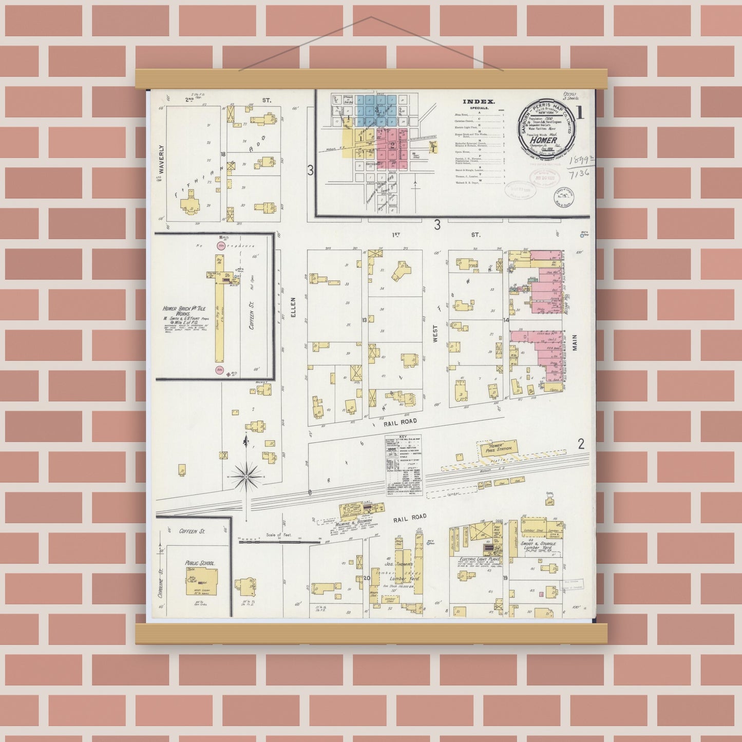 Old map wall art mockup — magnetic wood frame on brick wall — Sanborn Fire Insurance Map from Homer, Champaign County, Illinois (1898), Sheet #0001