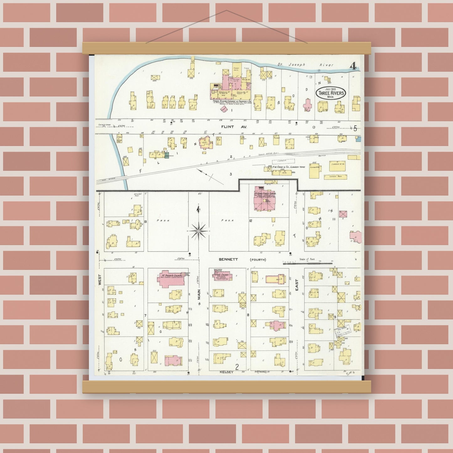 Old map wall art mockup — magnetic wood frame on brick wall — Sanborn Fire Insurance Map from Three Rivers, Saint Joseph County, Michigan (1909), Sheet #0004
