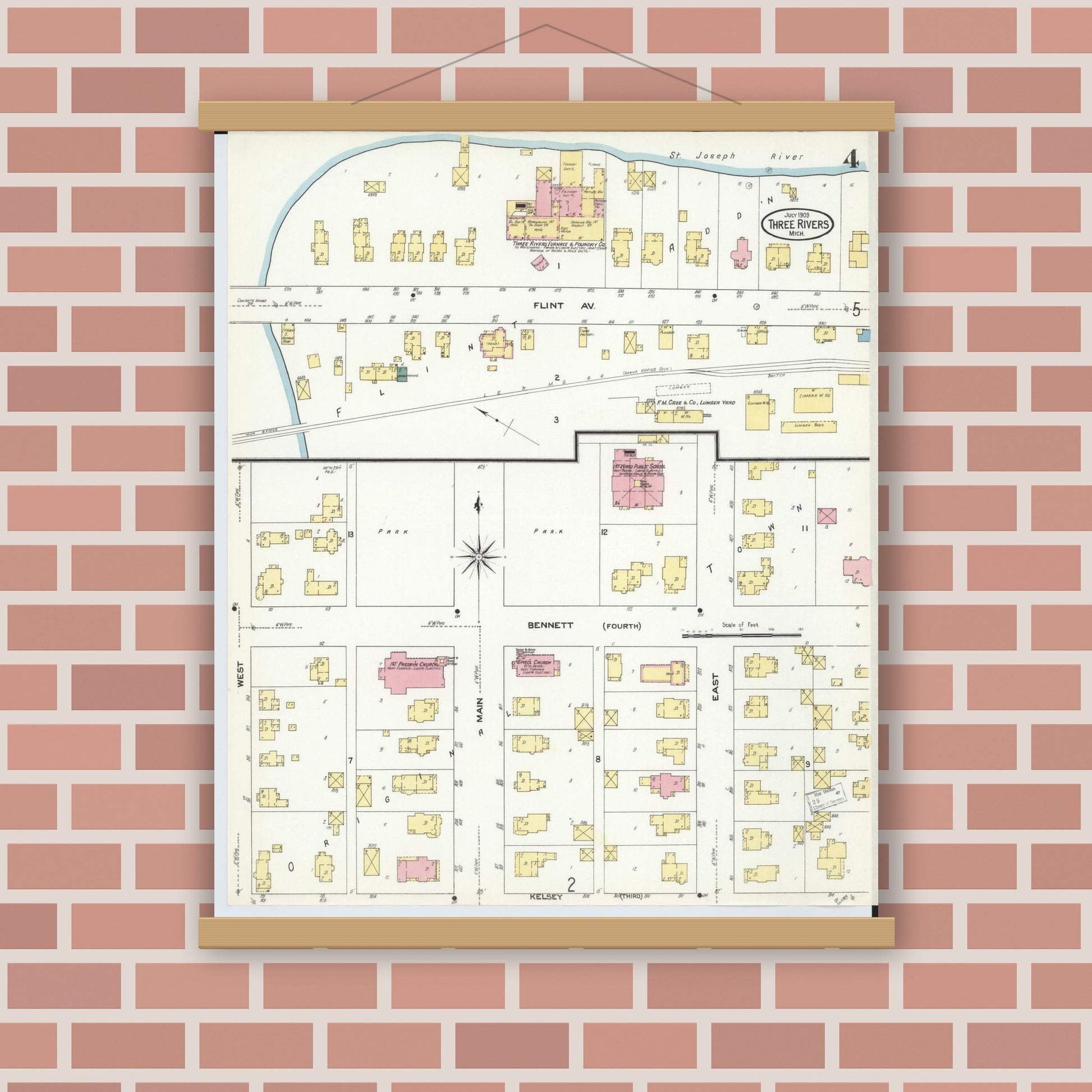 Old map wall art mockup — magnetic wood frame on brick wall — Sanborn Fire Insurance Map from Three Rivers, Saint Joseph County, Michigan (1909), Sheet #0004