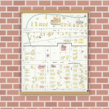 Old map wall art mockup — magnetic wood frame on brick wall — Sanborn Fire Insurance Map from Three Rivers, Saint Joseph County, Michigan (1909), Sheet #0004