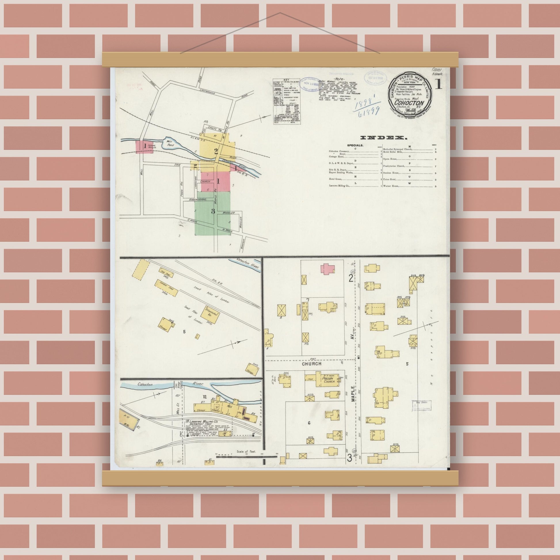Old map wall art mockup — magnetic wood frame on brick wall — Sanborn Fire Insurance Map from Cohocton, Steuben County, New York (1898), Sheet #0001