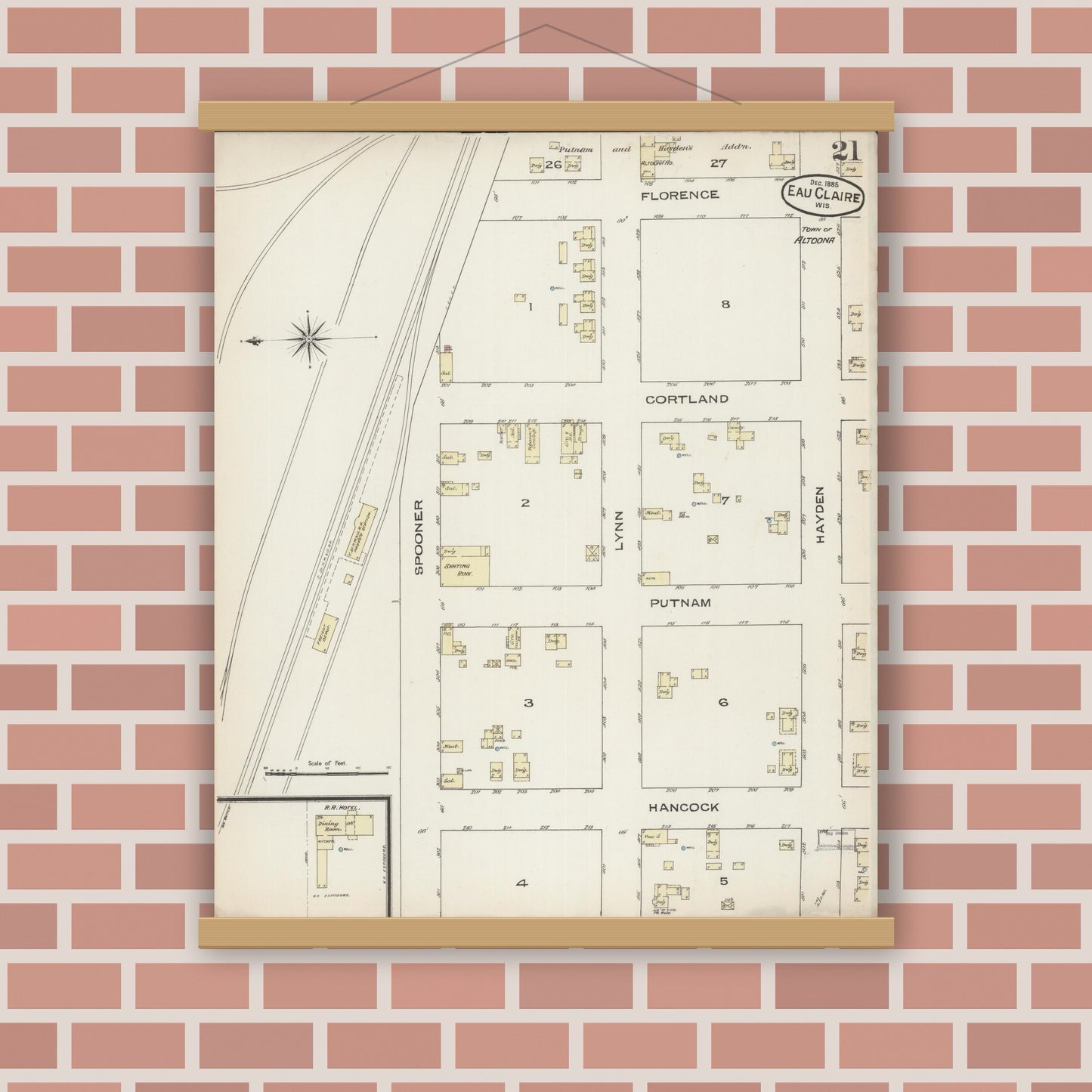Old map wall art mockup — magnetic wood frame on brick wall — Sanborn Fire Insurance Map from Eau Claire, Eau Claire County, Wisconsin (1885), Sheet #0021