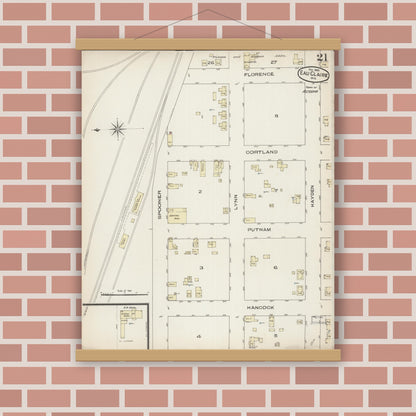 Old map wall art mockup — magnetic wood frame on brick wall — Sanborn Fire Insurance Map from Eau Claire, Eau Claire County, Wisconsin (1885), Sheet #0021