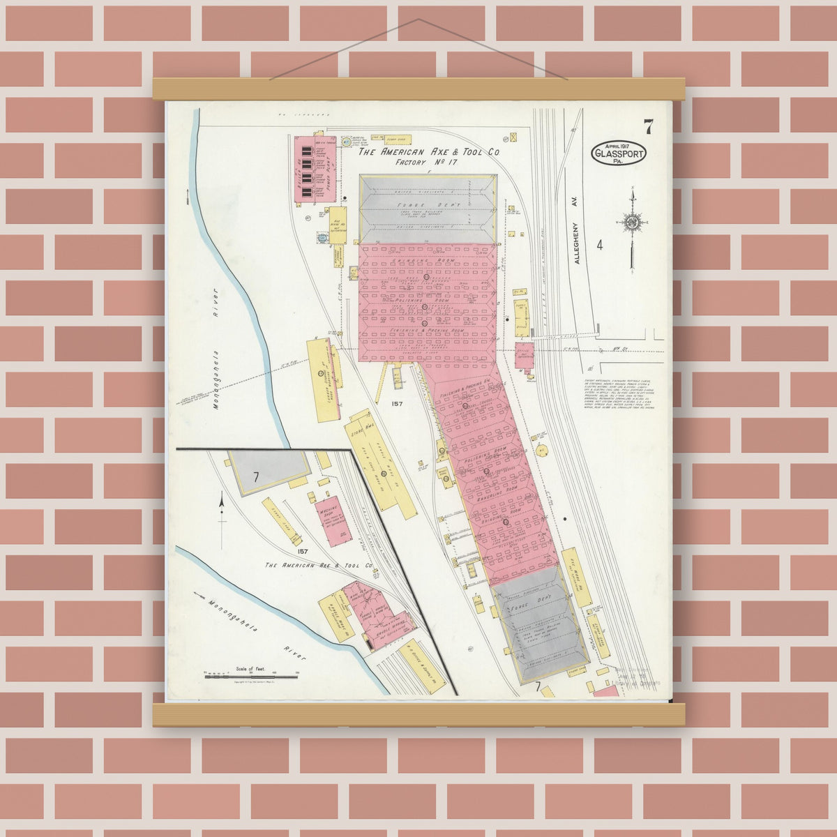 Old map wall art mockup — magnetic wood frame on brick wall — Sanborn Fire Insurance Map from Glassport, Allegheny County, Pennsylvania (1917), Sheet #0007