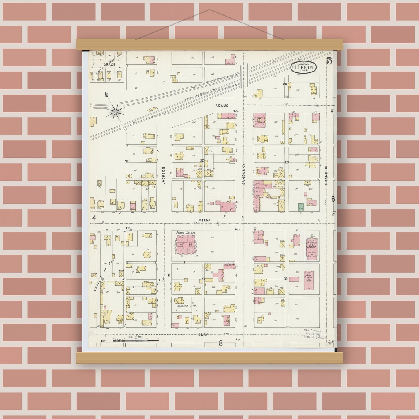 Old map wall art mockup — magnetic wood frame on brick wall — Sanborn Fire Insurance Map from Tiffin, Seneca County, Ohio (1896), Sheet #0005