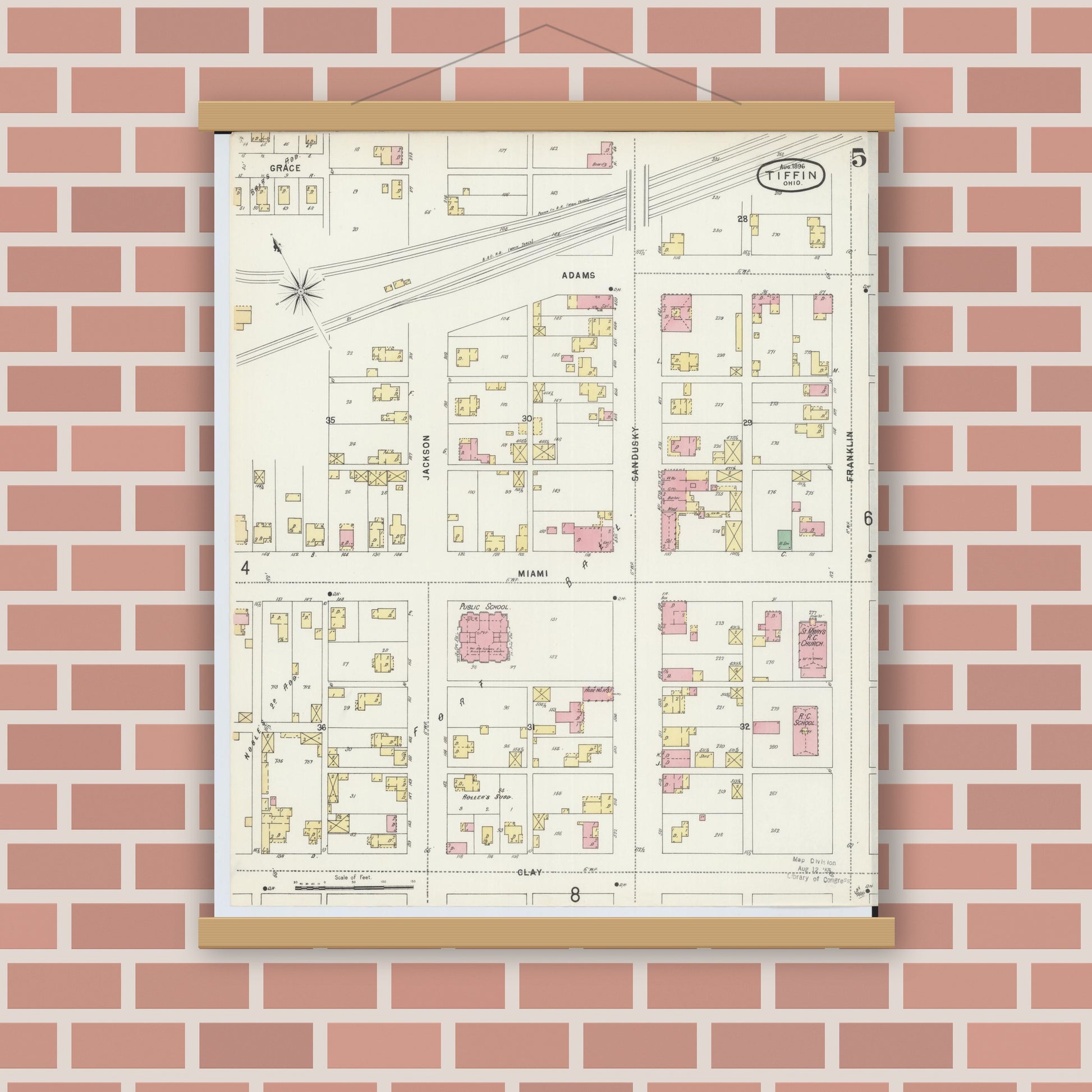 Old map wall art mockup — magnetic wood frame on brick wall — Sanborn Fire Insurance Map from Tiffin, Seneca County, Ohio (1896), Sheet #0005
