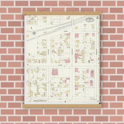 Old map wall art mockup — magnetic wood frame on brick wall — Sanborn Fire Insurance Map from Tiffin, Seneca County, Ohio (1896), Sheet #0005