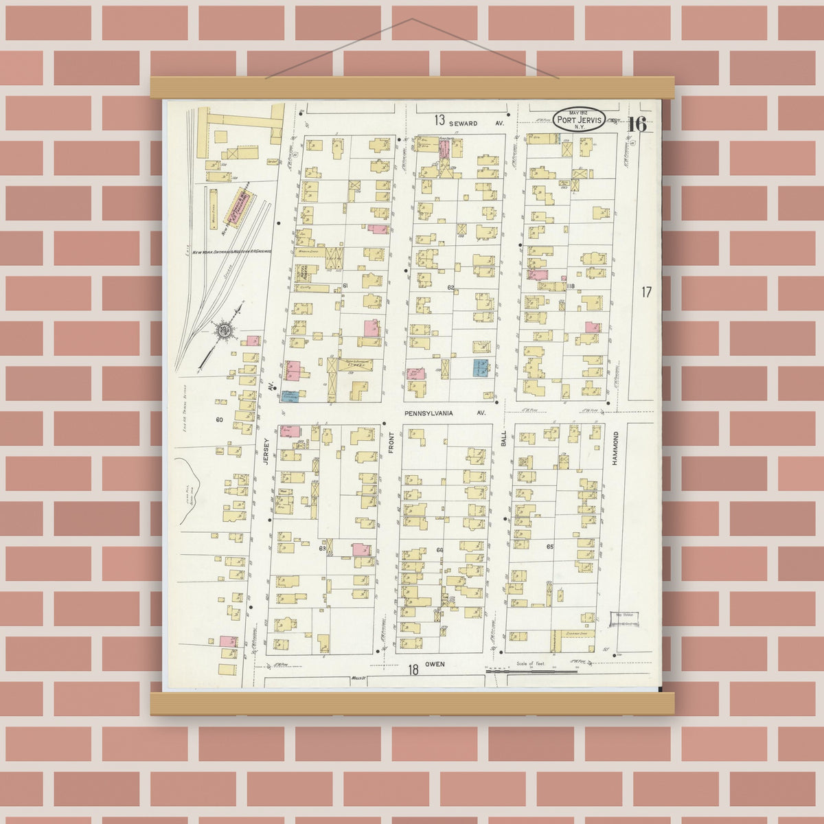 Old map wall art mockup — magnetic wood frame on brick wall — Sanborn Fire Insurance Map from Port Jervis, Orange County, New York (1912), Sheet #0016