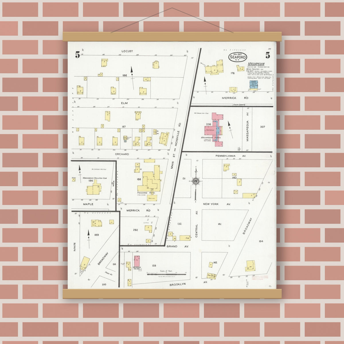 Old map wall art mockup — magnetic wood frame on brick wall — Sanborn Fire Insurance Map from Seaford, Nassau County, New York (1927), Sheet #0005