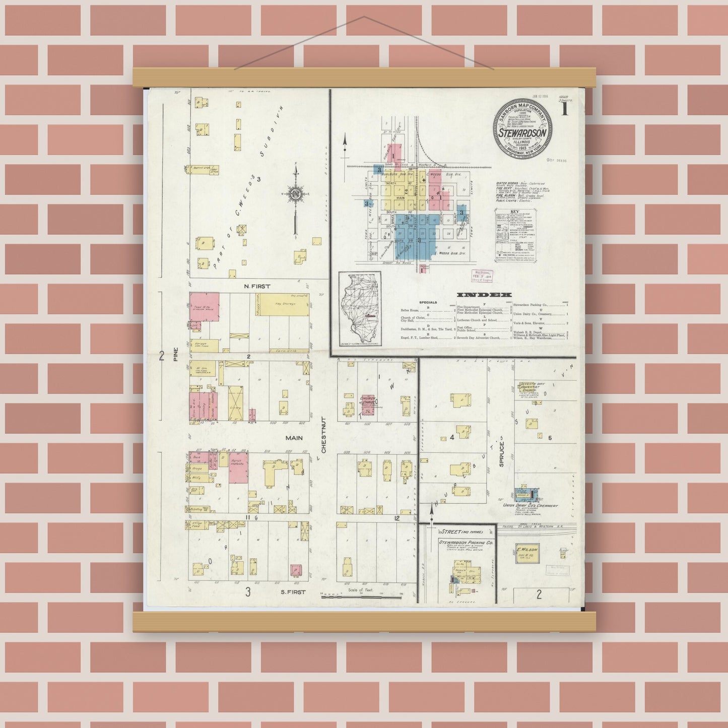 Old map wall art mockup — magnetic wood frame on brick wall — Sanborn Fire Insurance Map from Stewardson, Shelby County, Illinois (1913), Sheet #0001
