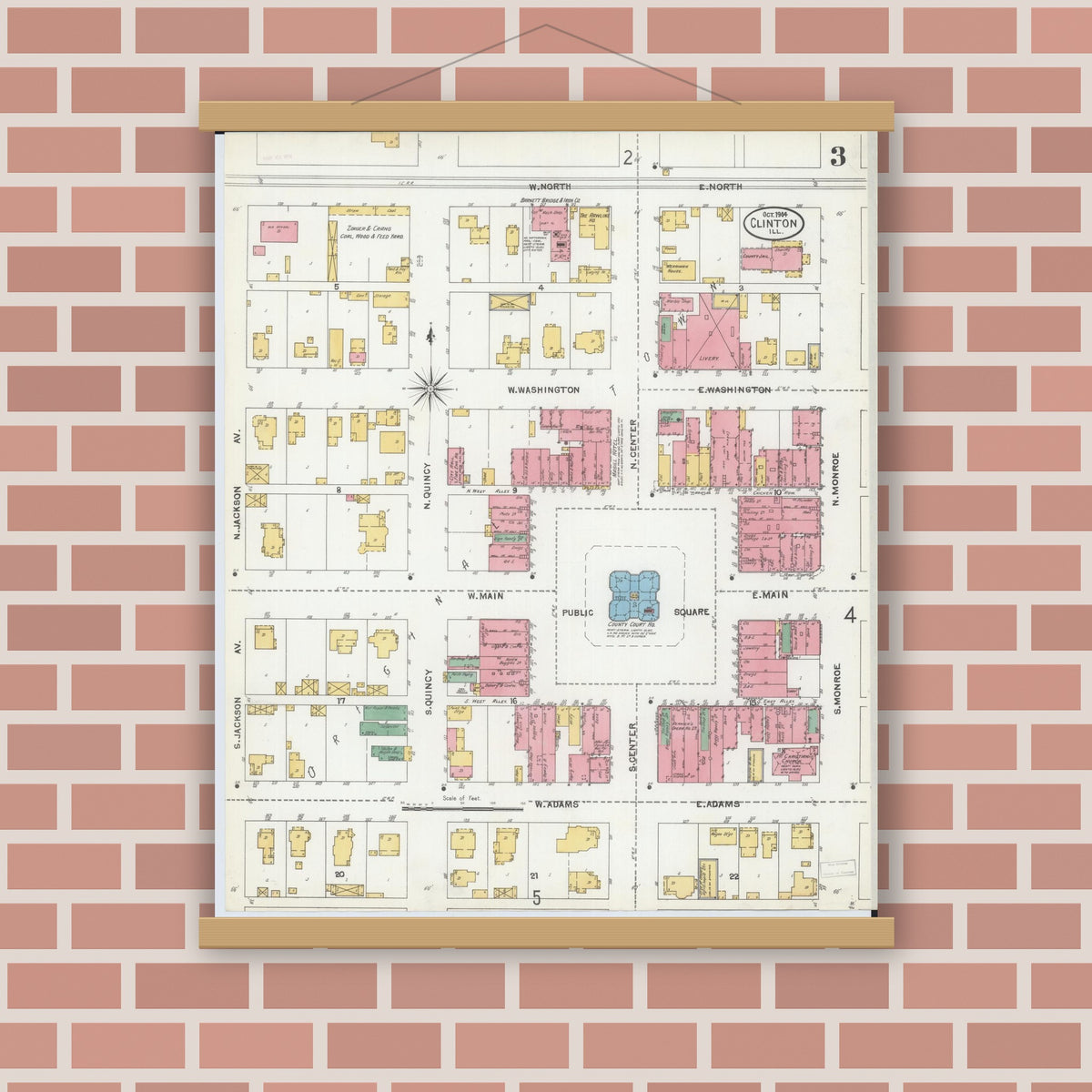 Old map wall art mockup — magnetic wood frame on brick wall — Sanborn Fire Insurance Map from Clinton, De Witt County, Illinois (1904), Sheet #0003