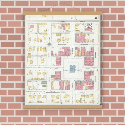 Old map wall art mockup — magnetic wood frame on brick wall — Sanborn Fire Insurance Map from Clinton, De Witt County, Illinois (1904), Sheet #0003