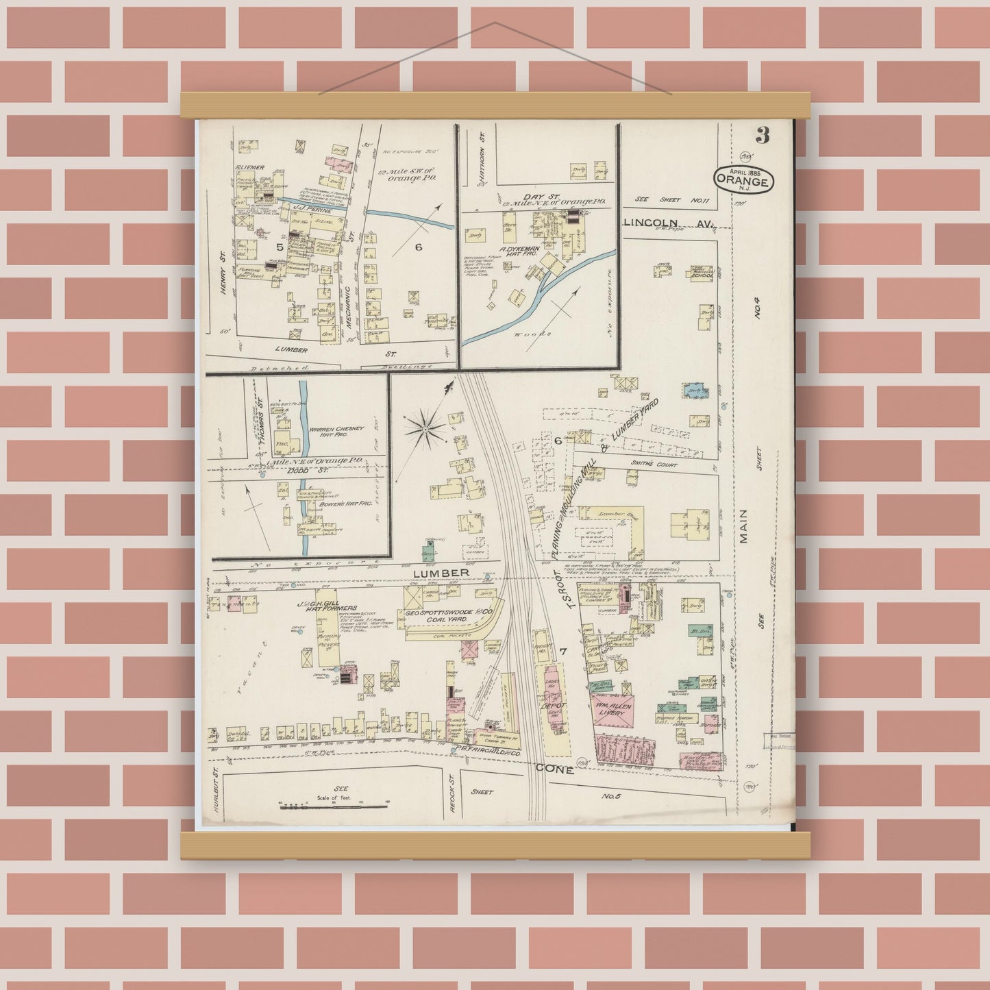 Old map wall art mockup — magnetic wood frame on brick wall — Sanborn Fire Insurance Map from Orange, Essex County, New Jersey (1885), Sheet #0003