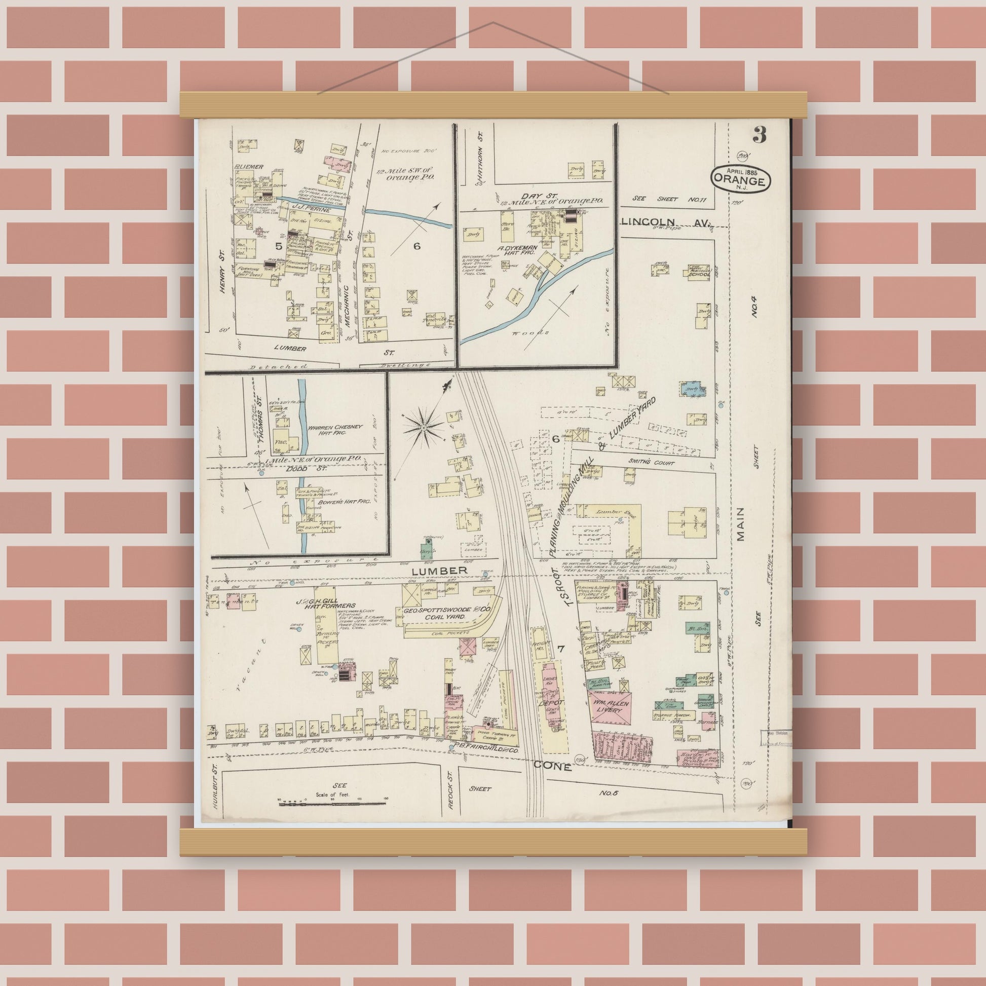 Old map wall art mockup — magnetic wood frame on brick wall — Sanborn Fire Insurance Map from Orange, Essex County, New Jersey (1885), Sheet #0003