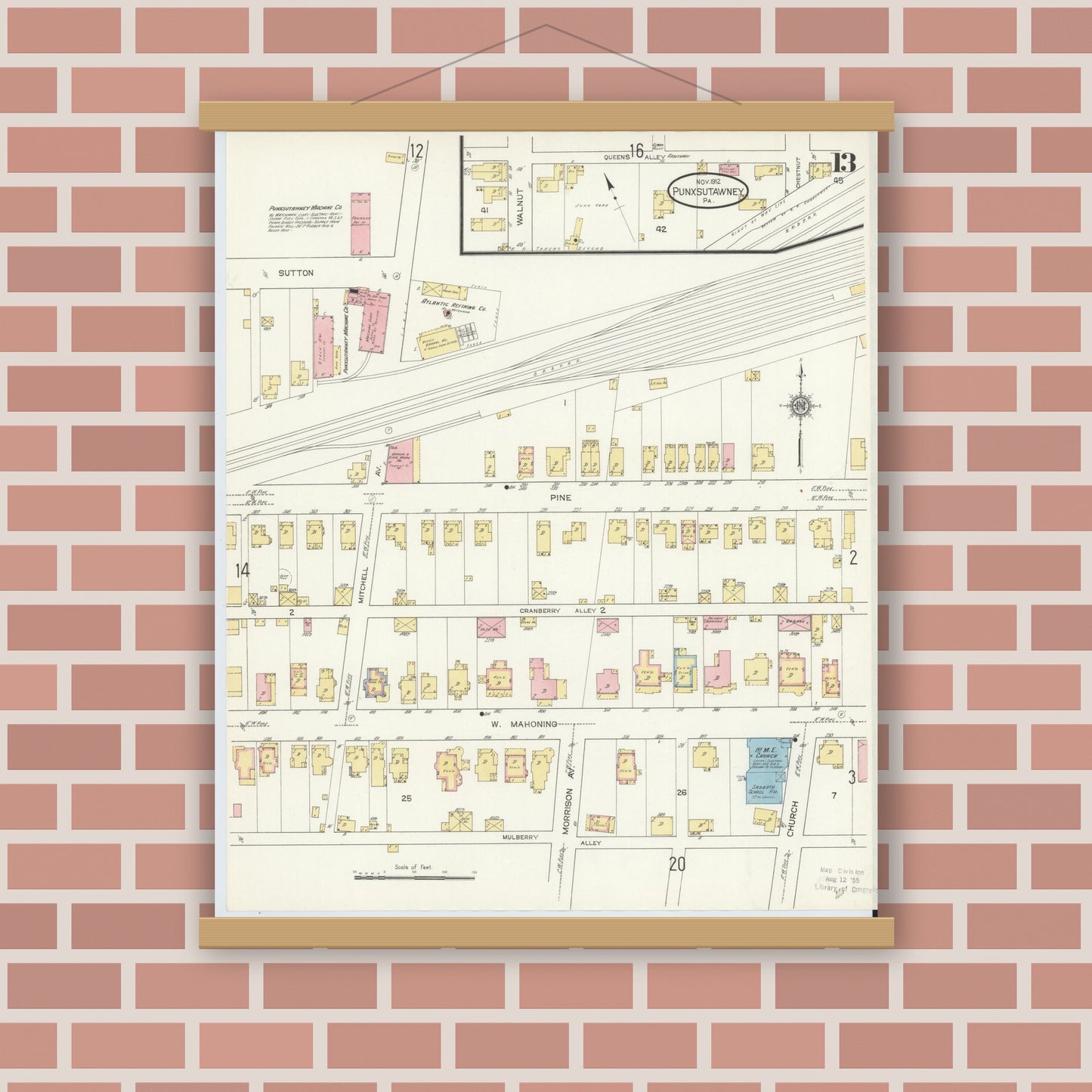 Old map wall art mockup — magnetic wood frame on brick wall — Sanborn Fire Insurance Map from Punxsutawney, Jefferson County, Pennsylvania (1912), Sheet #0013
